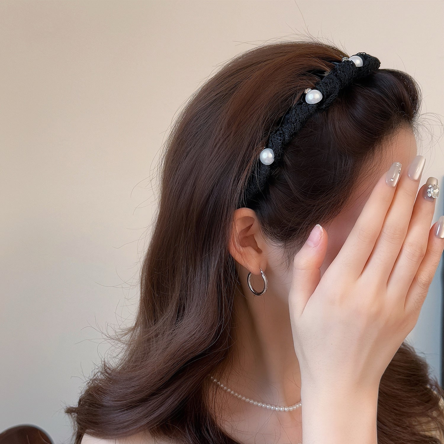 珍珠網紗纏繞髮箍－商品主圖｜https://igowo.tw/