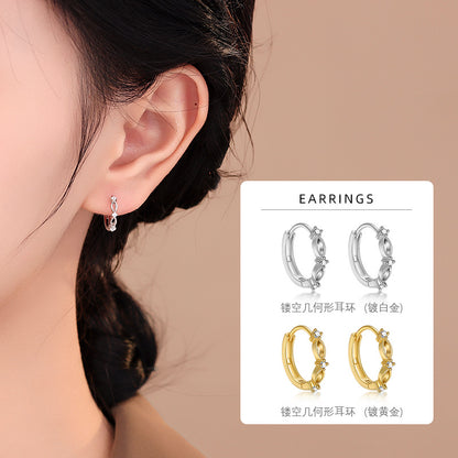 S925 微鑲鋯石鏤空耳環女簡約時尚日常通勤獨特設計感耳扣耳圈