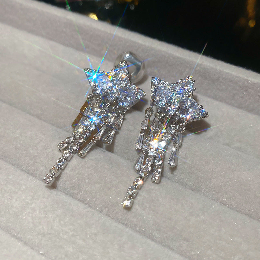 18k真金電鍍鋯石星星流蘇耳夾個性時尚氣質耳環設計感小眾耳飾女
