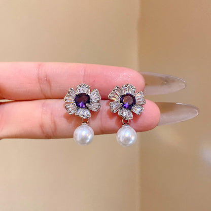 輕奢精致紫色鋯石花朵耳環