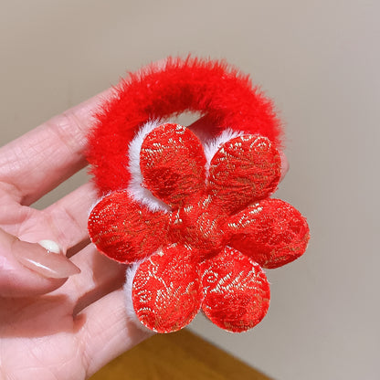 紅色絨面蝴蝶結髮圈－絲絨點鑽款兔子款細節7｜https://igowo.tw/