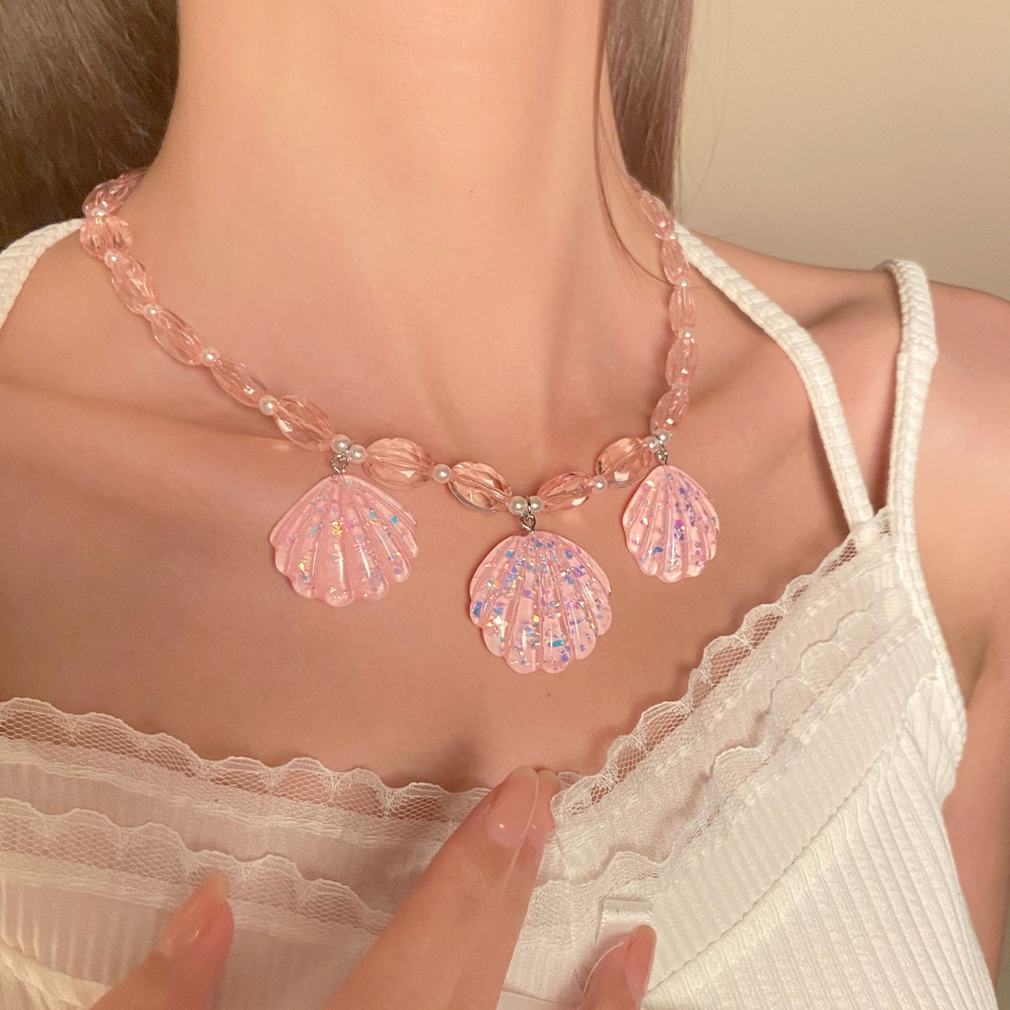 粉色貝殼項鍊耳環組－商品主圖｜https://igowo.tw/