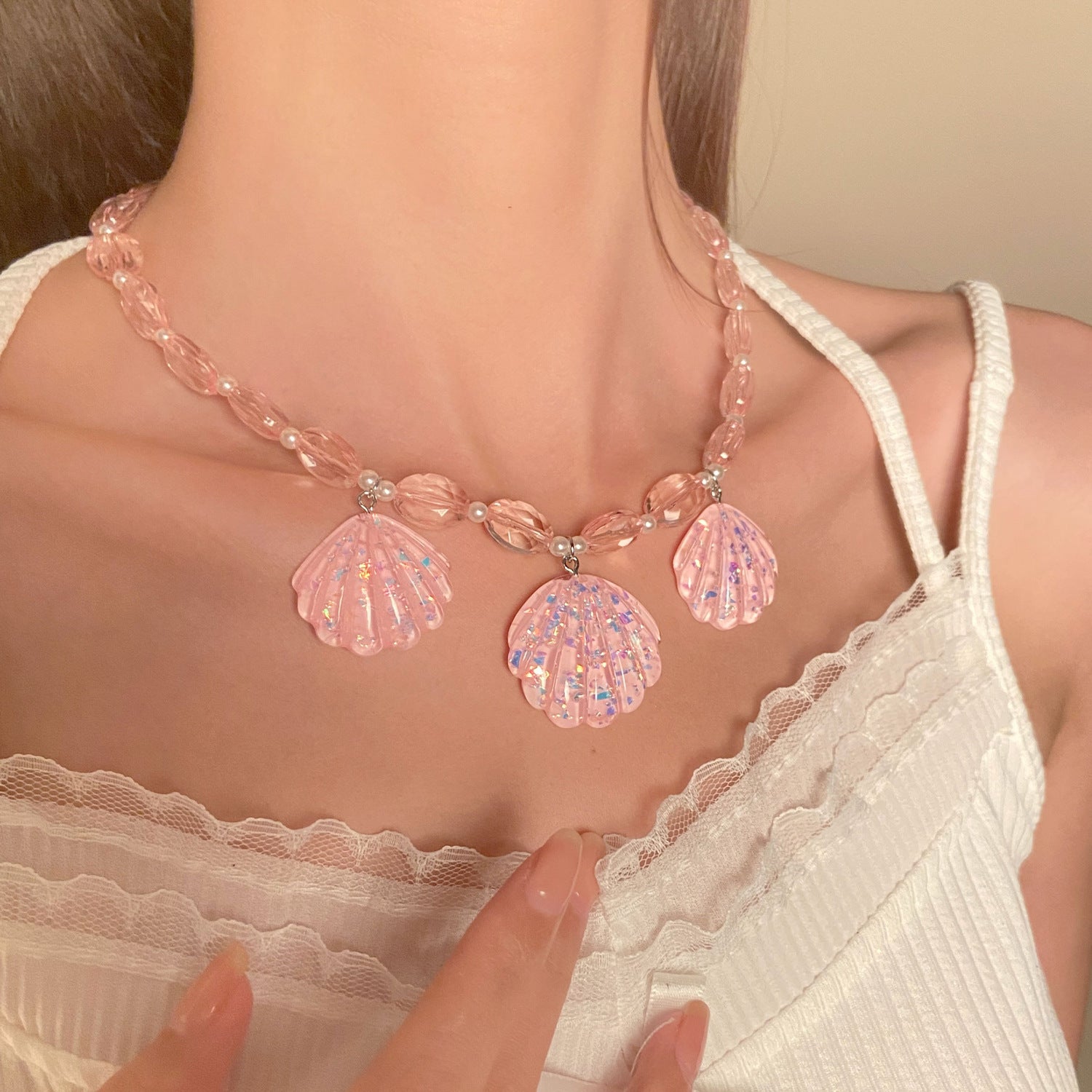 粉色貝殼項鍊耳環組－商品主圖｜https://igowo.tw/