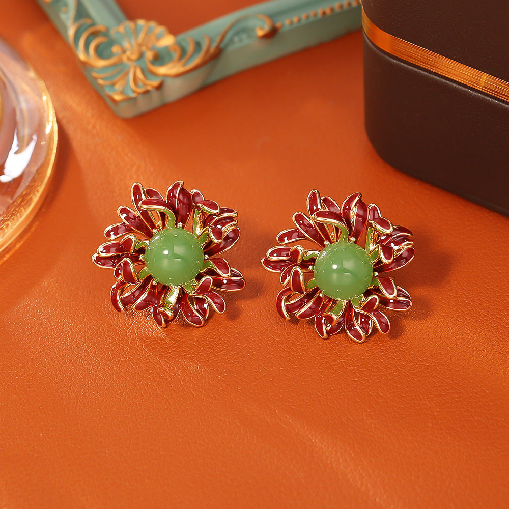 玉髓琺瑯花朵復古耳釘－紅色琺瑯花朵耳釘款實拍｜https://igowo.tw/
