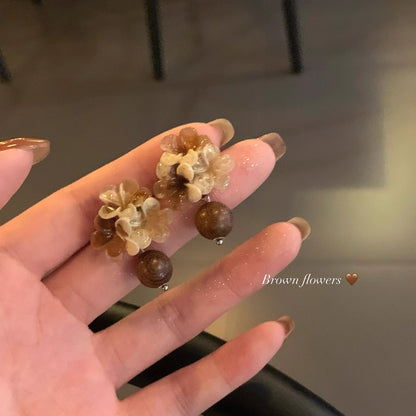 棕色花朵暈染復古耳環