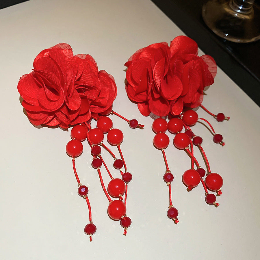 歐美金屬感布藝花朵臂環手鐲耳環套裝甜美氣質手環小眾設計感飾品