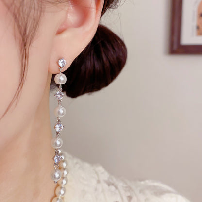 珍珠鋯石流蘇長版耳墜－第二視角實拍｜https://igowo.tw/
