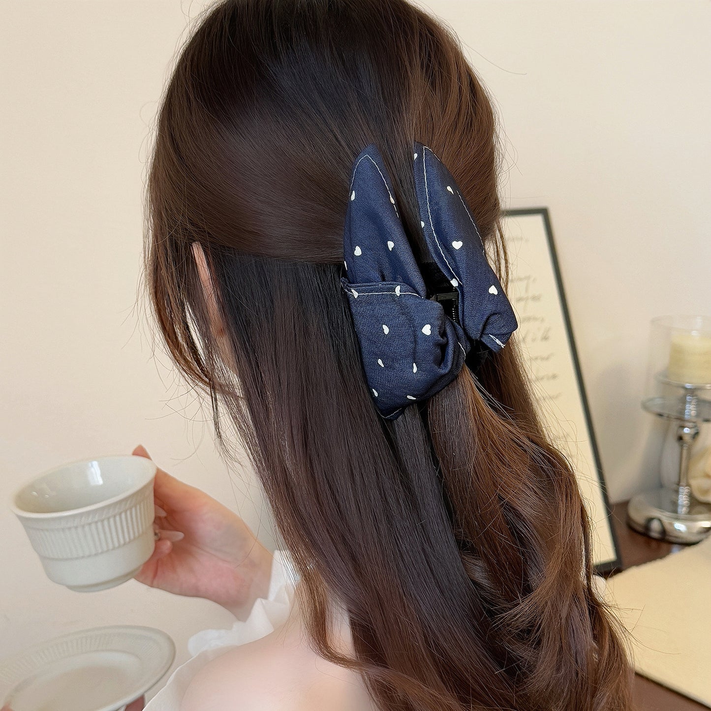 布面愛心三角形髮夾－小波點款細節｜https://igowo.tw/