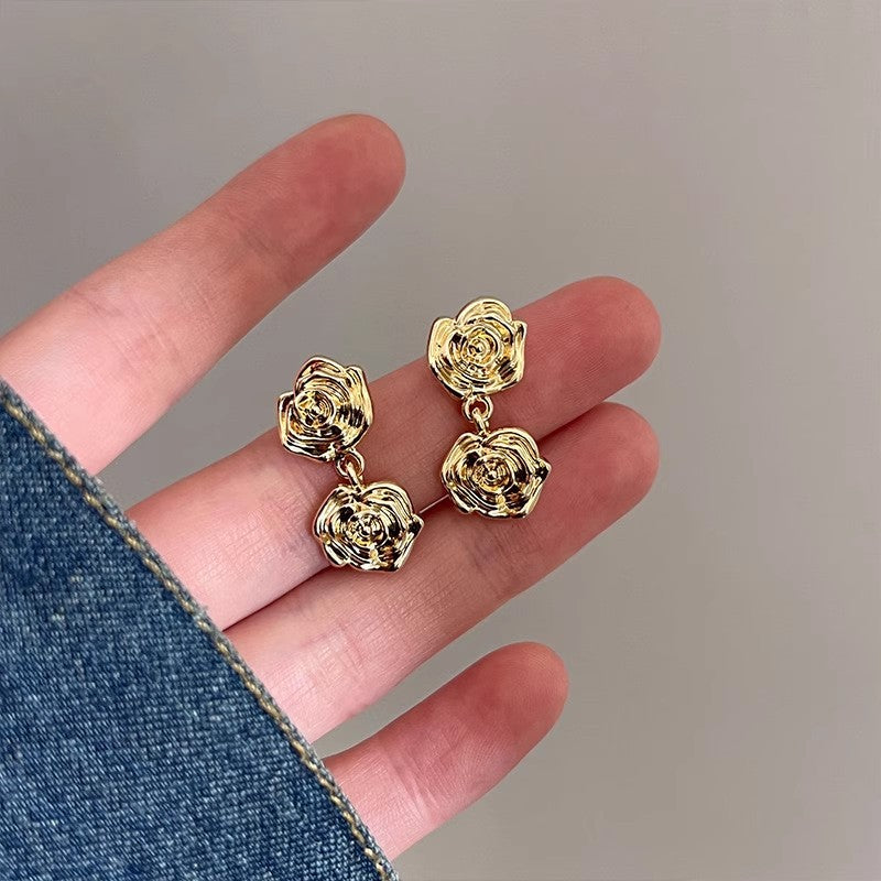 法式復古金色玫瑰花耳環