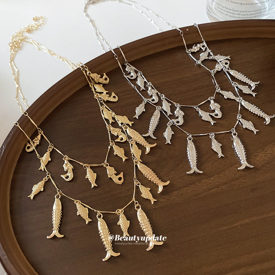 金屬魚尾雙層復古項鍊－項鍊-銀色（兩件套）款實拍｜https://igowo.tw/