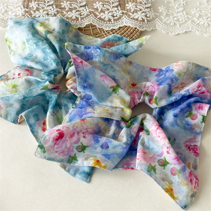 碎花大腸圈髮圈－湖藍色方巾款細節｜https://igowo.tw/