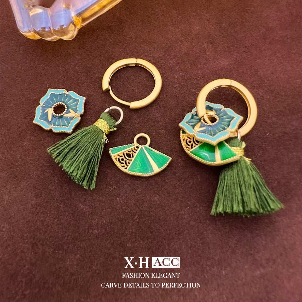琺瑯扇形流蘇復古耳扣－商品主圖｜https://igowo.tw/