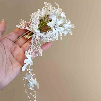 布藝花朵蕾絲珍珠流蘇發夾度假風清新甜美鴨嘴夾小眾高級感發飾女
