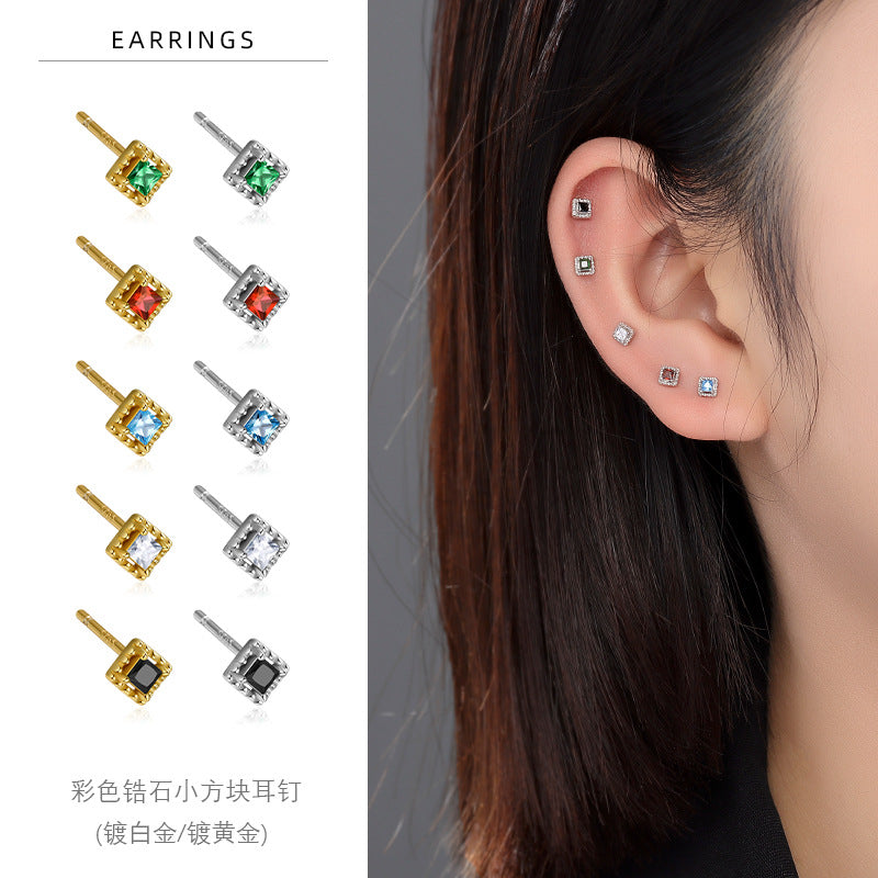 S925 彩色鋯石迷你幾何方塊耳釘女輕奢簡約獨特小眾高級感耳飾