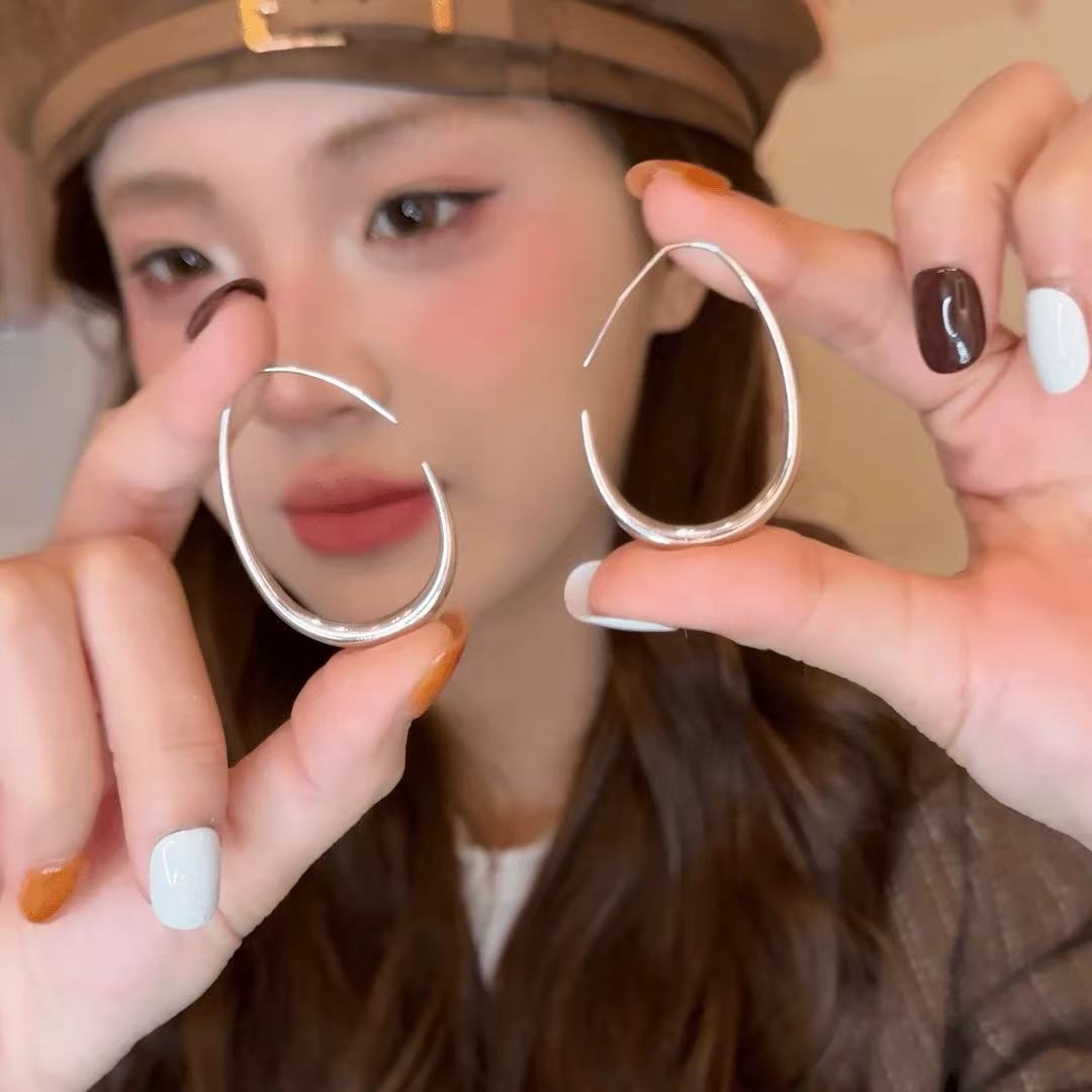 銀針簡約橢圓形耳圈歐美跨境個性潮流耳環小眾百搭設計感耳飾批發
