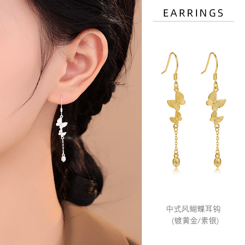 S925 蝴蝶流蘇耳鉤2025新中式風小眾氣質溫柔高級感耳飾品