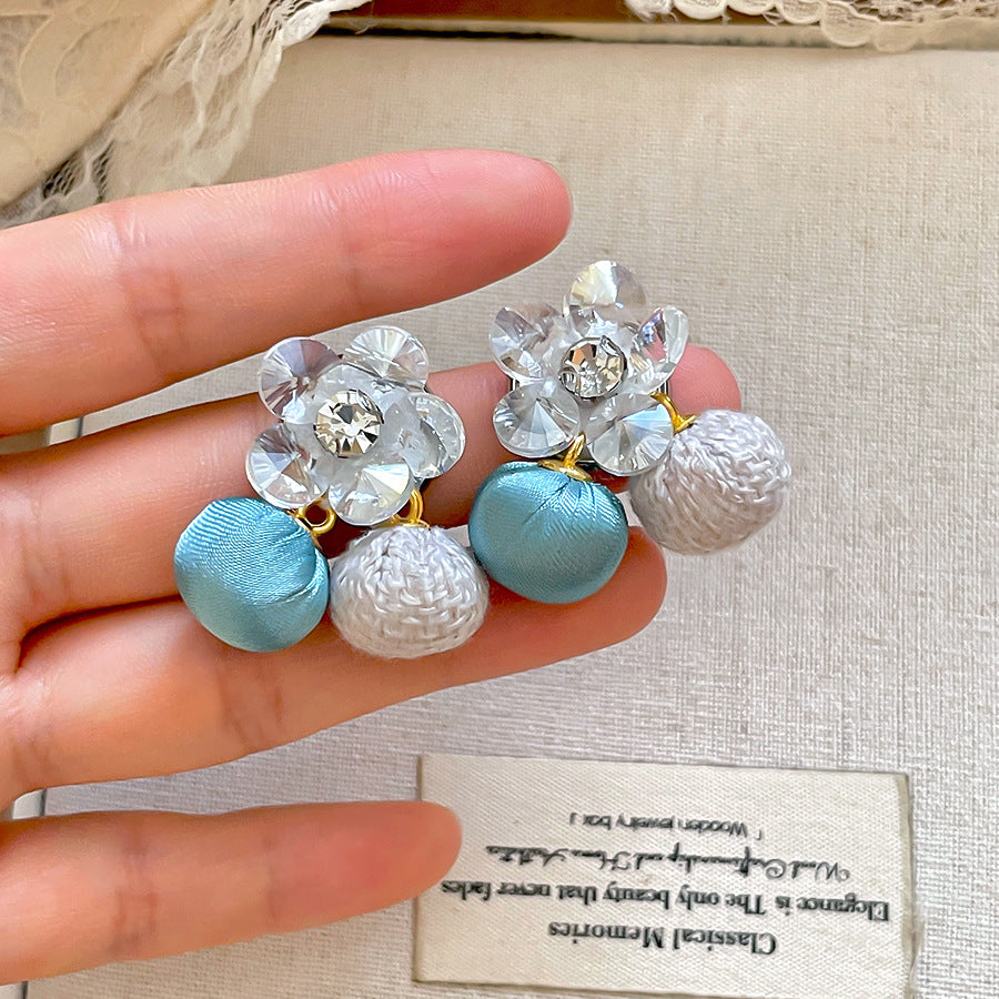 琉璃花朵圓珠鑲鑽耳釘