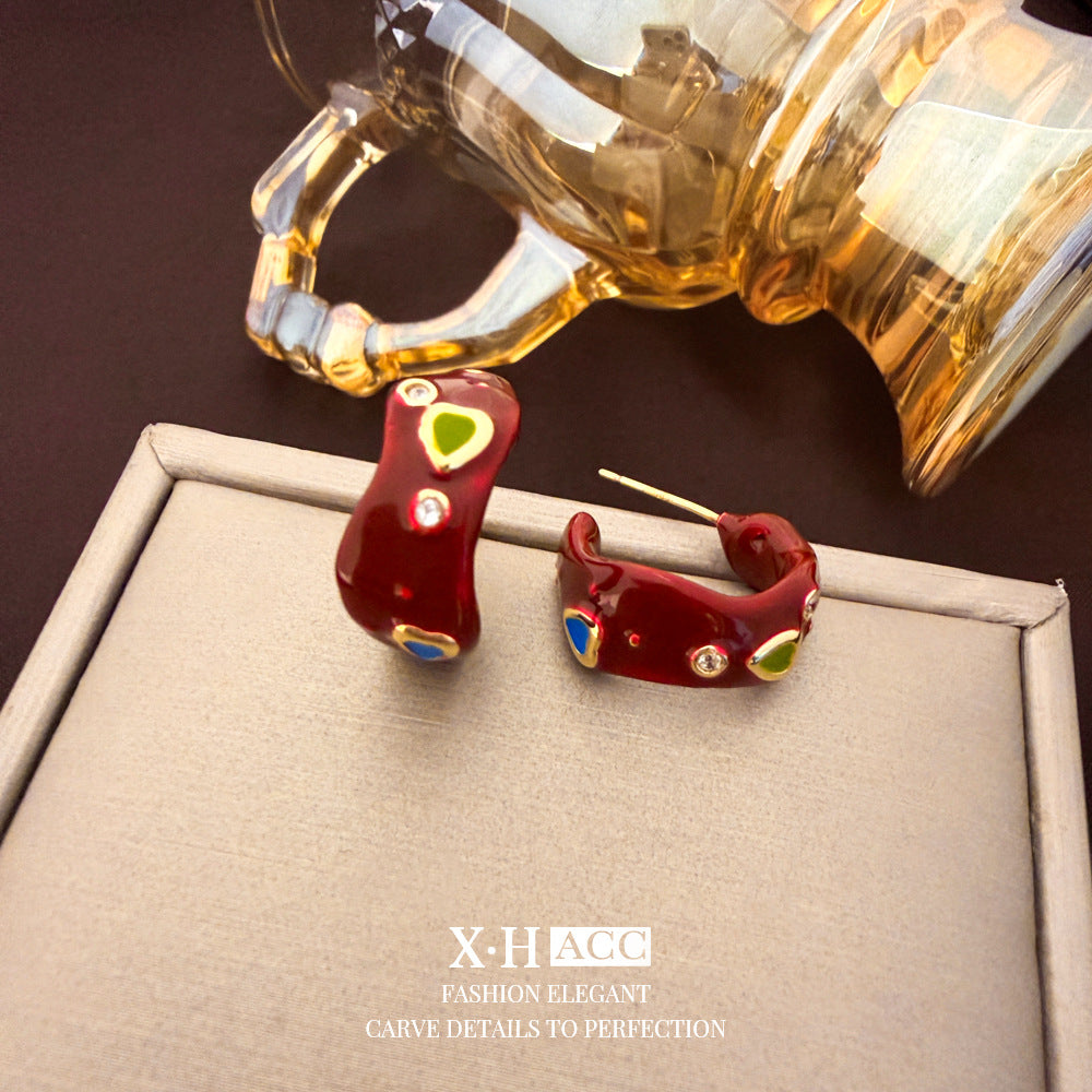 復古紅琺瑯幾何耳釘－細節特寫46｜https://igowo.tw/