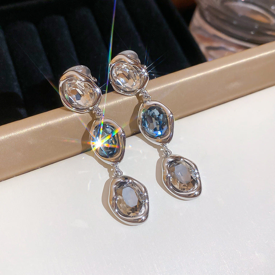 耳夾~18k真金電鍍鑲鉆橢圓形流蘇耳夾中古vintage耳飾設計感小眾
