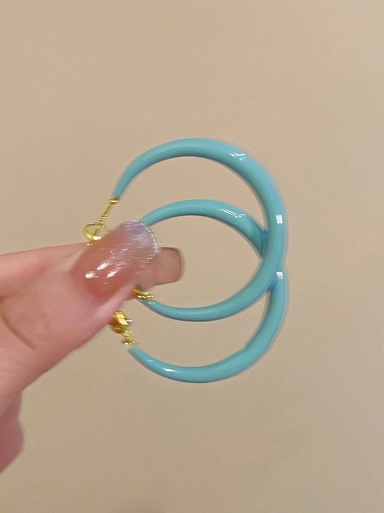 春日氛圍~奶藍色滴釉圈圈耳環設計感小眾百搭耳環清新甜美風耳飾