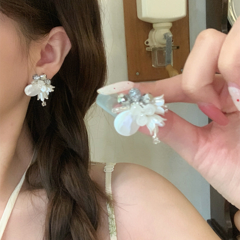 耳畔生花~水晶花朵水滴珍珠耳釘溫柔氣質百搭耳環輕奢高級感耳飾