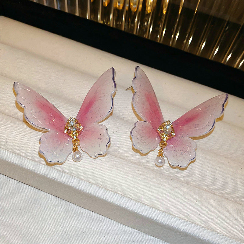 銀針網紗布藝蝴蝶花朵耳環超仙甜美少女心耳釘度假風網紅同款耳飾