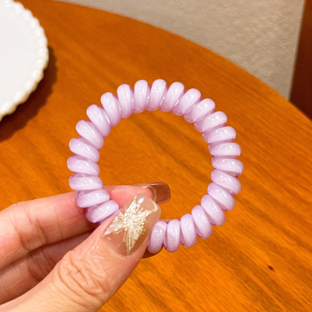 繽紛彈力繩簡約髮圈－絲印豆綠款細節7｜https://igowo.tw/