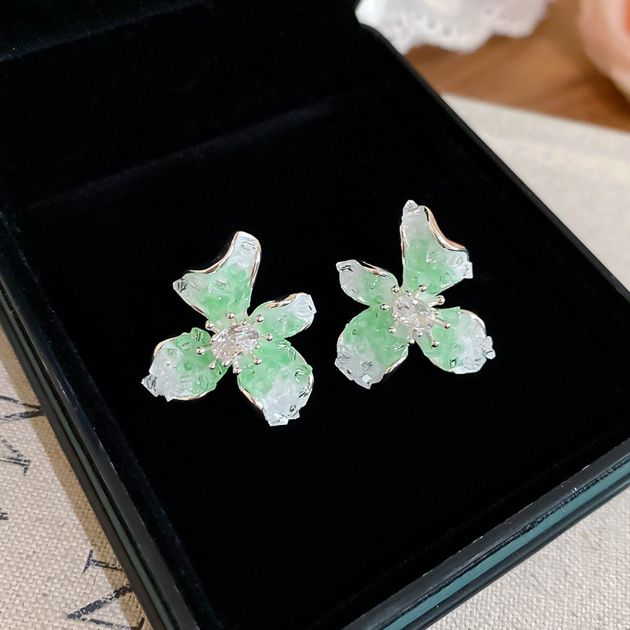 銀針小清新鋯石水晶花朵耳釘多巴胺甜美優雅耳環輕奢高級感耳飾女