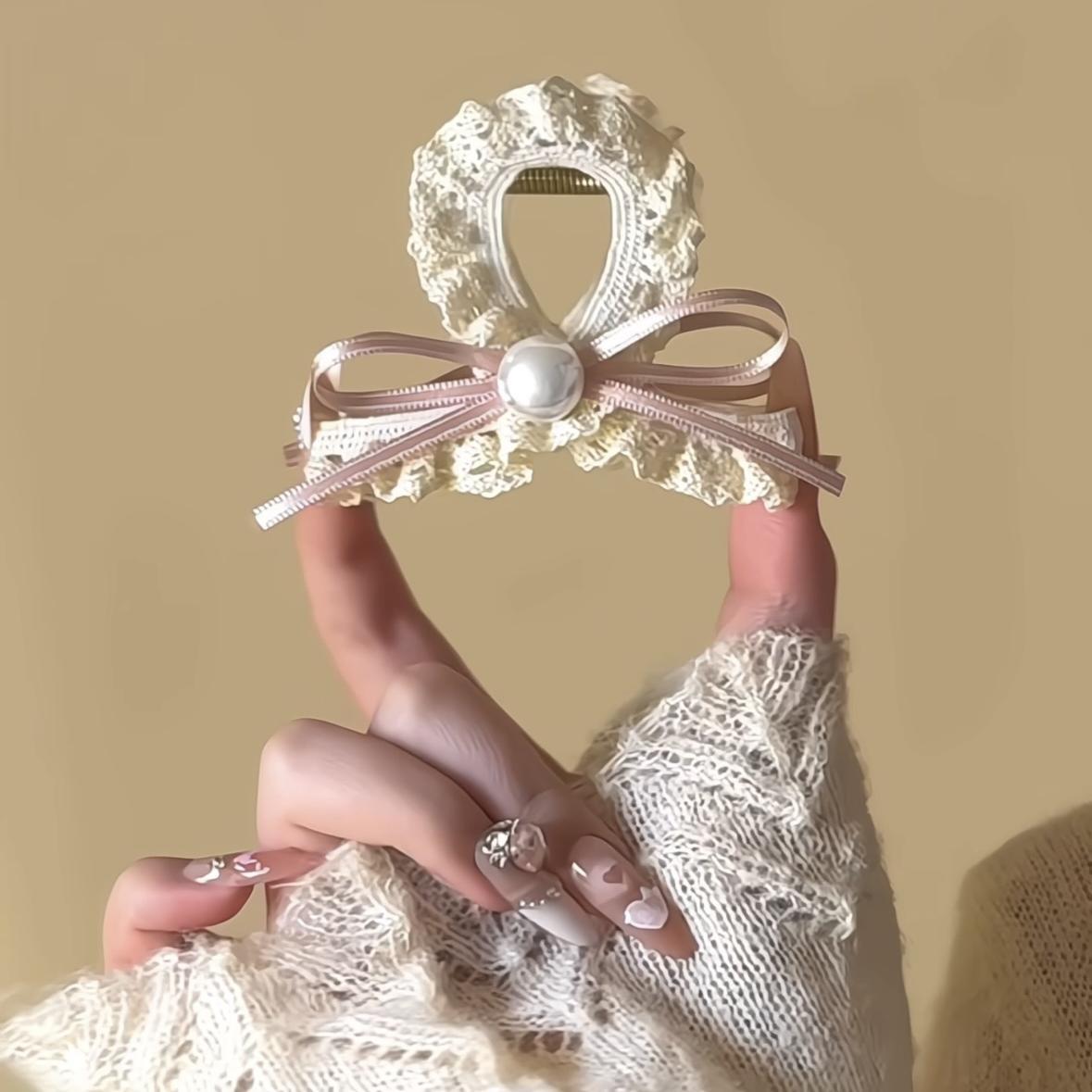 珍珠緞帶蝴蝶結髮夾－大號香檳蝴蝶結款細節｜https://igowo.tw/