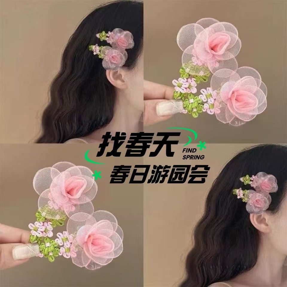 粉色網紗花朵髮夾－商品主圖｜https://igowo.tw/