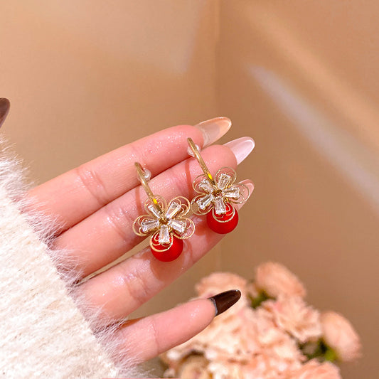 紅色鋯石花朵耳環－商品主圖｜https://igowo.tw/