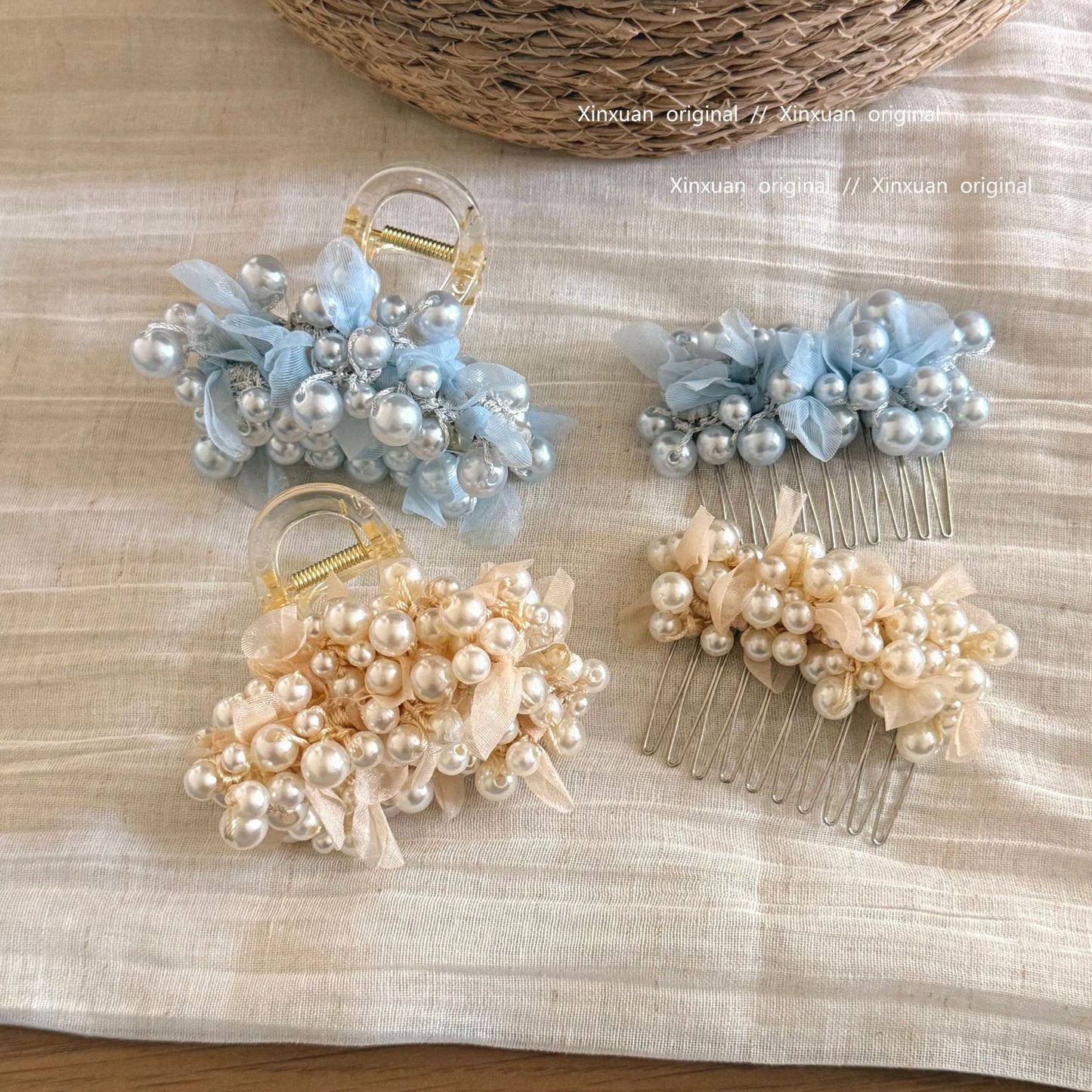 珍珠花朵鯊魚夾－藍色插梳款細節｜https://igowo.tw/