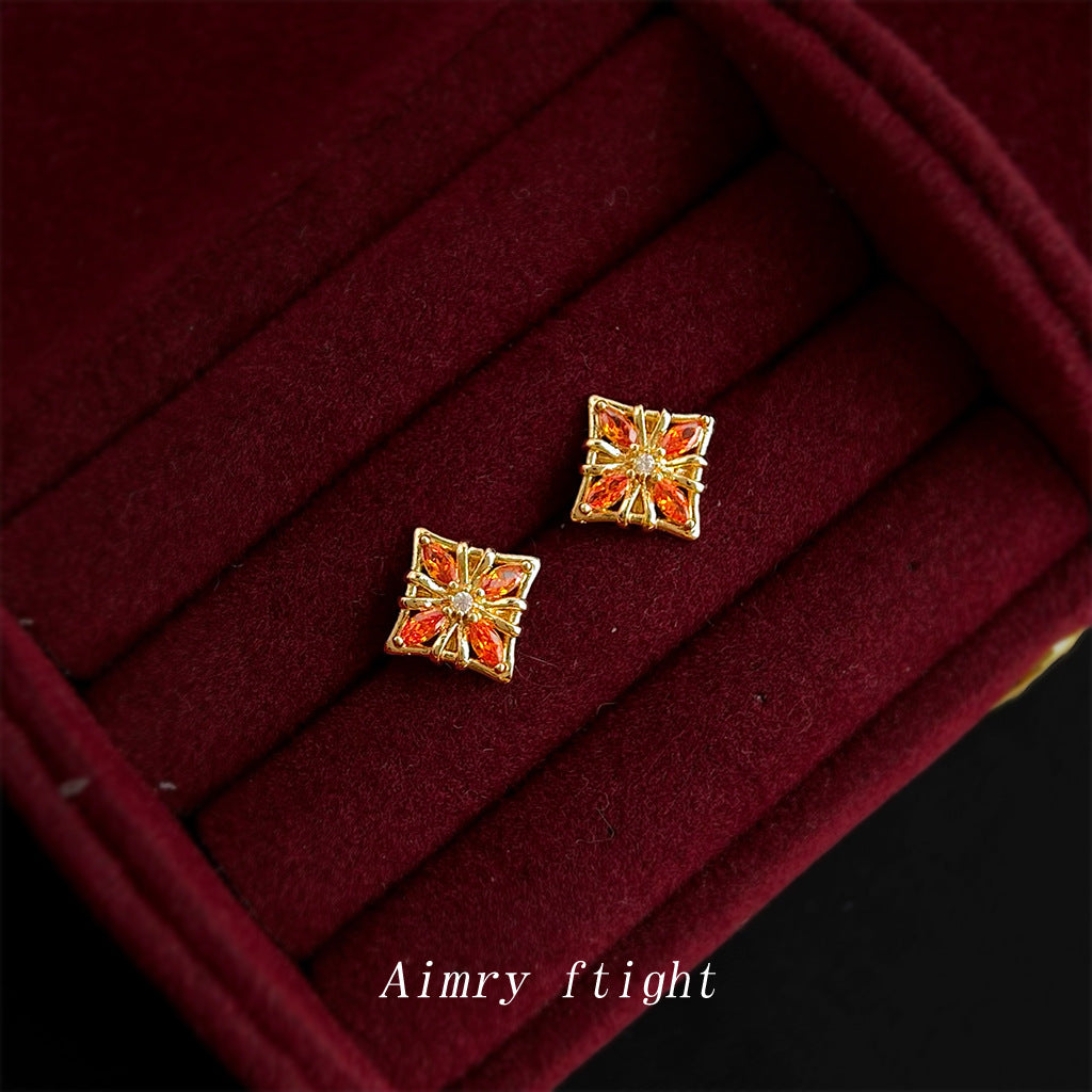 紅色鋯石銀針微鑲耳釘