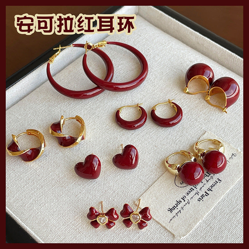 銀針安可拉紅色圓形愛心耳環港風復古耳圈耳釘小眾輕奢高級感耳飾