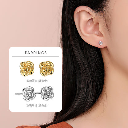 S925 玫瑰花耳釘女文藝風簡約時尚小巧高級感養耳洞免摘耳骨釘