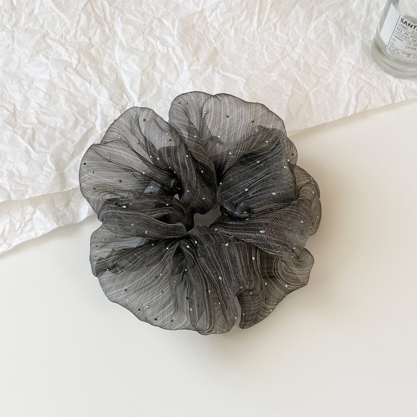 綠色網紗波點髮圈－紫粉幻彩-小號款細節｜https://igowo.tw/