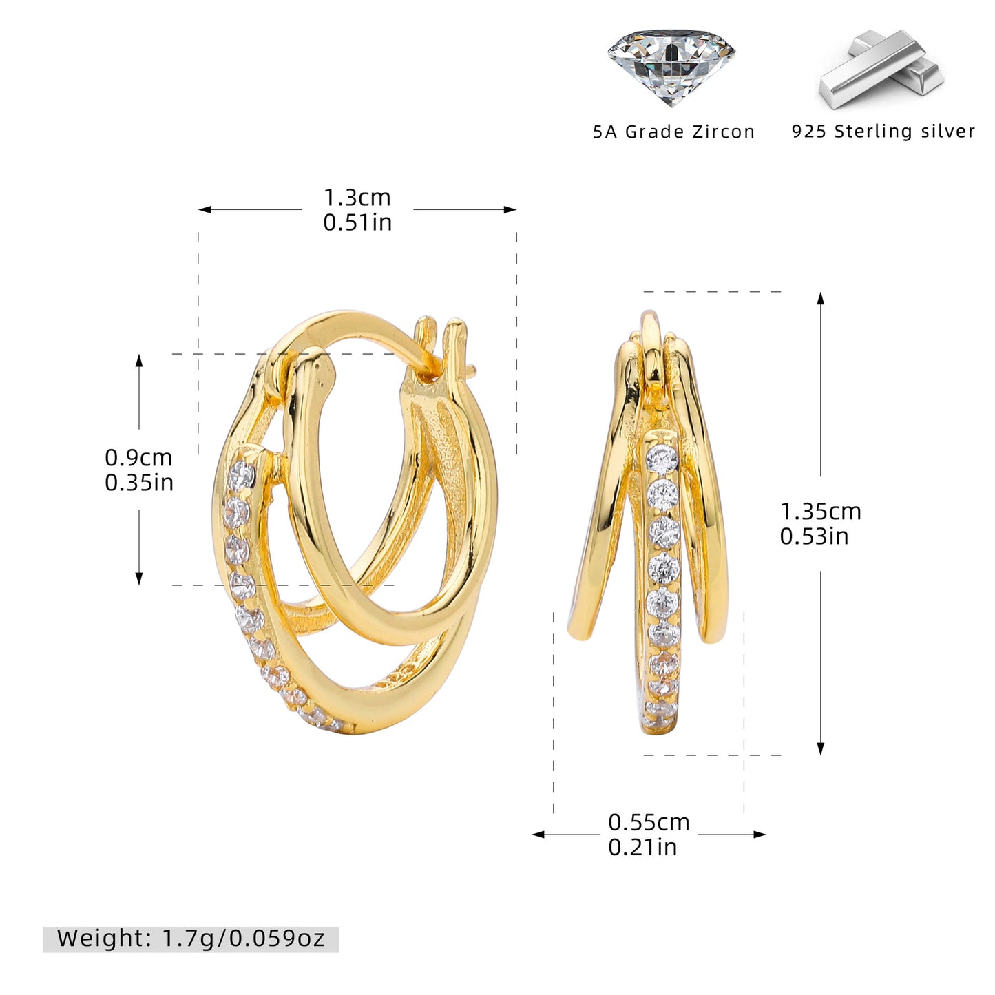 S925 新款耳環時尚三環線條鑲鋯耳飾簡約百搭小眾設計飾品