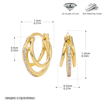 S925 新款耳環時尚三環線條鑲鋯耳飾簡約百搭小眾設計飾品