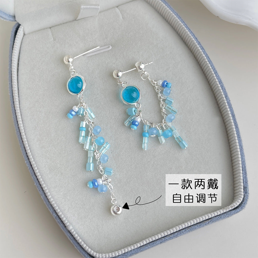 藍色水晶流蘇兩用耳環－商品主圖｜https://igowo.tw/