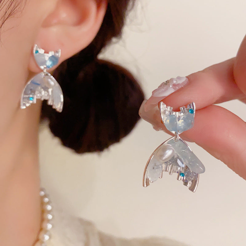 S925水晶珍珠魚尾耳環－商品主圖｜https://igowo.tw/