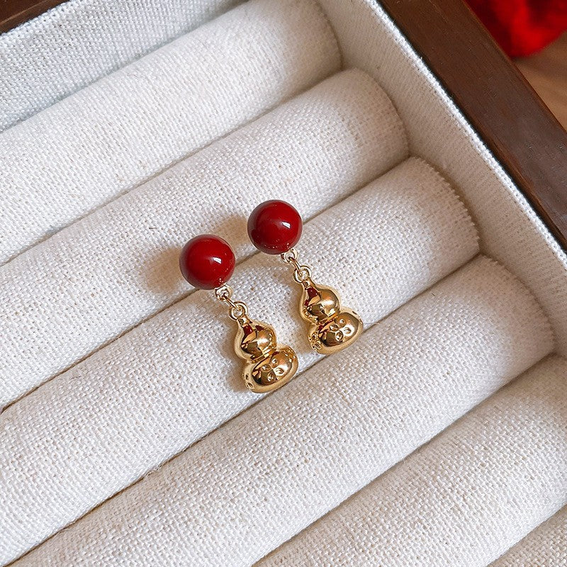 銀針新年紅色花朵植絨耳釘女復古小眾耳環時尚百搭耳飾秋冬高級感