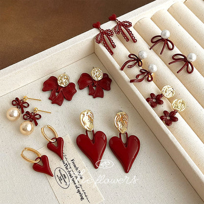復古紅簡約耳釘－復古紅蕾絲蝴蝶結款實拍｜https://igowo.tw/