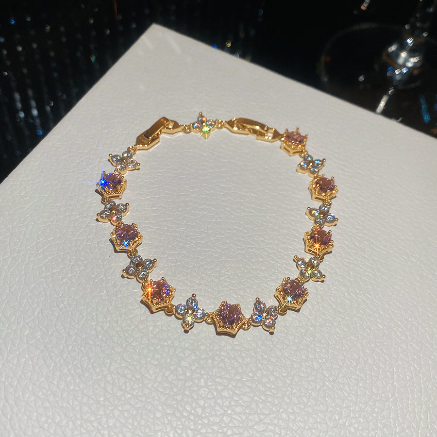 18k真金電鍍鋯石花朵圓形簡約手鏈女高級感時尚手環重工超閃手飾