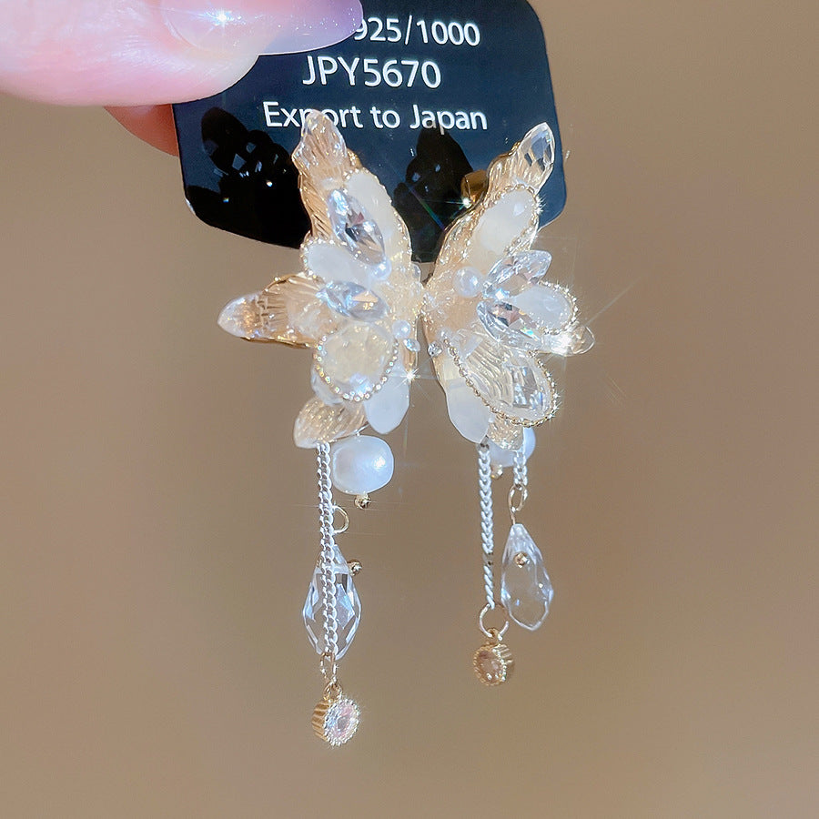 銀針鑲鉆蝴蝶翅膀淡水珍珠流蘇耳環超仙優雅耳釘輕奢高級感耳飾女