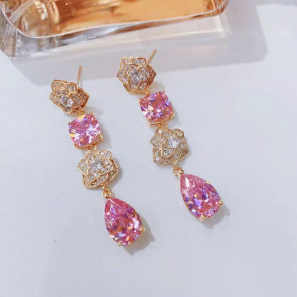 S925彩色鋯石花朵水滴耳釘