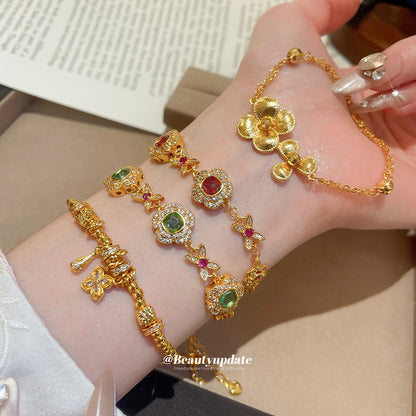 24K真金電鍍金屬串珠花朵手鏈法式復古沙金手鏈輕奢高級感飾品女