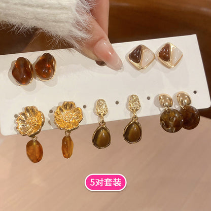 銀針樹脂圓形水滴耳釘套裝美拉德復古氣質小眾耳環輕奢高級感耳飾