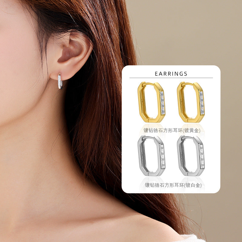 S925 八邊形幾何微鑲鋯石女耳環ins風時尚高級感鍍18K耳圈耳飾