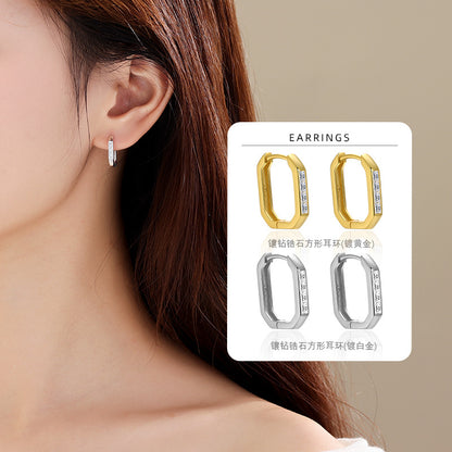 S925 八邊形幾何微鑲鋯石女耳環ins風時尚高級感鍍18K耳圈耳飾