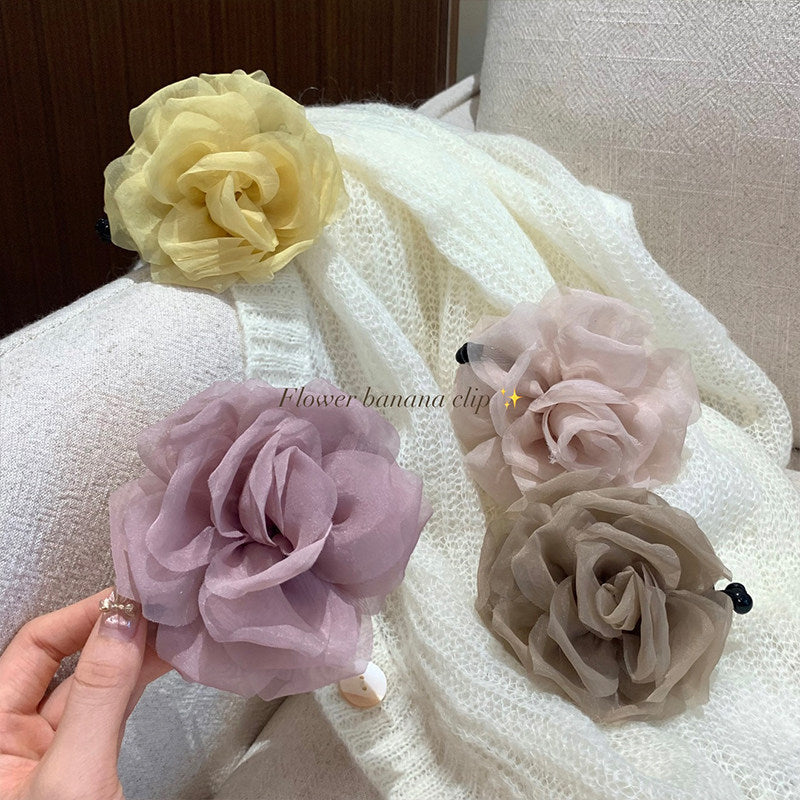 網紗山茶花髮夾－奶芋紫款實拍｜https://igowo.tw/